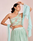 Zigzag Sequin Lehenga with One Shoulder Hand Embroidered Blouse and Ruffle Dupatta