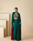 Mint Green Ruffle Drape Skirt Set with Crop Top and Dupatta - Georgette Crepe