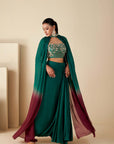 Mint Green Ruffle Drape Skirt Set with Crop Top and Dupatta - Georgette Crepe