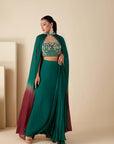 Mint Green Ruffle Drape Skirt Set with Crop Top and Dupatta - Georgette Crepe