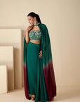 Mint Green Ruffle Drape Skirt Set with Crop Top and Dupatta - Georgette Crepe