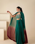 Mint Green Ruffle Drape Skirt Set with Crop Top and Dupatta - Georgette Crepe