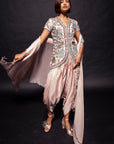 Peachy Pink Ajrakh Embellished Jacket With Cape Dupatta And Dhoti