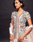 Peachy Pink Ajrakh Embellished Jacket With Cape Dupatta And Dhoti