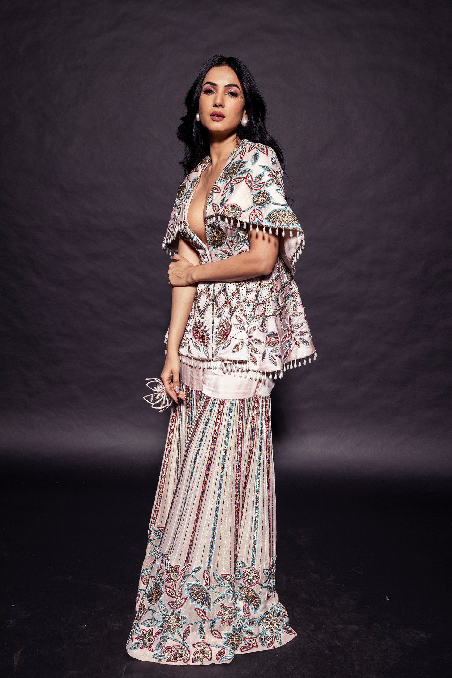 Peachy Pink Fully Handcrafted Capelet Peplum Jacket With Embellished Sharara