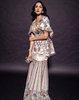 Peachy Pink Fully Handcrafted Capelet Peplum Jacket With Embellished Sharara