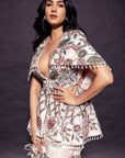 Peachy Pink Fully Handcrafted Capelet Peplum Jacket With Embellished Sharara