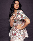 Peachy Pink Fully Handcrafted Capelet Peplum Jacket With Embellished Sharara