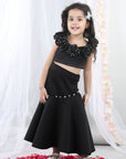 Black Fabric Flower Top with Flared Lehenga