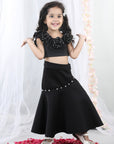 Black Fabric Flower Top with Flared Lehenga