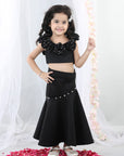 Black Fabric Flower Top with Flared Lehenga