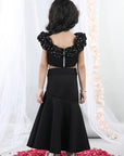 Black Fabric Flower Top with Flared Lehenga