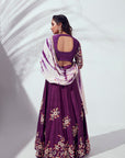Maroon One Shoulder Crop Top and Pleated Skirt Lehenga with Mirror and Zardosi Handwork