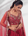 Maroon Zardosi Handwork Crop Top and Pleated Skirt