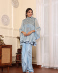 Powder Blue Ajrakh Embellished Yoke Top And Drape Dhoti Set