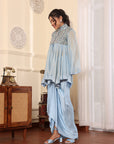 Powder Blue Ajrakh Embellished Yoke Top And Drape Dhoti Set