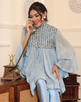 Powder Blue Ajrakh Embellished Yoke Top And Drape Dhoti Set