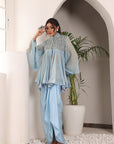 Powder Blue Ajrakh Embellished Yoke Top And Drape Dhoti Set