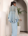 Powder Blue Ajrakh Embellished Yoke Top And Drape Dhoti Set