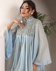 Powder Blue Ajrakh Embellished Yoke Top And Drape Dhoti Set