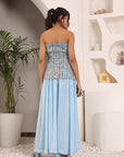 Powder Blue Ajrakh Embroidered Off Shoulder Top With Pleated Pants