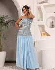 Powder Blue Ajrakh Embroidered Off Shoulder Top With Pleated Pants