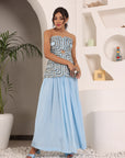 Powder Blue Ajrakh Embroidered Off Shoulder Top With Pleated Pants