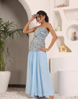 Powder Blue Ajrakh Embroidered Off Shoulder Top With Pleated Pants