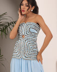 Powder Blue Ajrakh Embroidered Off Shoulder Top With Pleated Pants