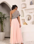 Peachy Pink Ajrakh Embroidered One Shoulder Top With Skirt And Ajrakh Belt