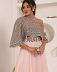 Peachy Pink Ajrakh Embroidered One Shoulder Top With Skirt And Ajrakh Belt