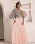 Peachy Pink Ajrakh Embroidered One Shoulder Top With Skirt And Ajrakh Belt