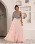 Peachy Pink Ajrakh Embroidered One Shoulder Top With Skirt And Ajrakh Belt