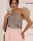 Peachy Pink Ajrakh Embroidered One Shoulder Top With Skirt And Ajrakh Belt