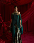 Divine Embroidered Cape with Brocade Sharara Pants - Emerald Green