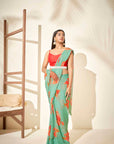 Floral Saree Paired with Red Blouse