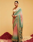 Traditional Green and Pink Bandhani Banarasee Saree in Georgette