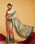 Traditional Green and Pink Bandhani Banarasee Saree in Georgette