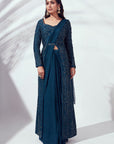 Ready-to-Wear Saree with Drape Skirt and Slim Fit Pants in Bottle Green Tussar Silk