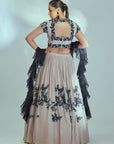 One Shoulder Maroon Crop Top and Pleated Skirt with Mirror and Zardosi Handwork