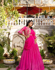 Pink Drape Ruffle Lehenga Set with Hand Embroidered Blouse and Feather Detail