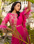 Pink Drape Ruffle Lehenga Set with Hand Embroidered Blouse and Feather Detail