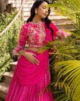 Pink Drape Ruffle Lehenga Set with Hand Embroidered Blouse and Feather Detail