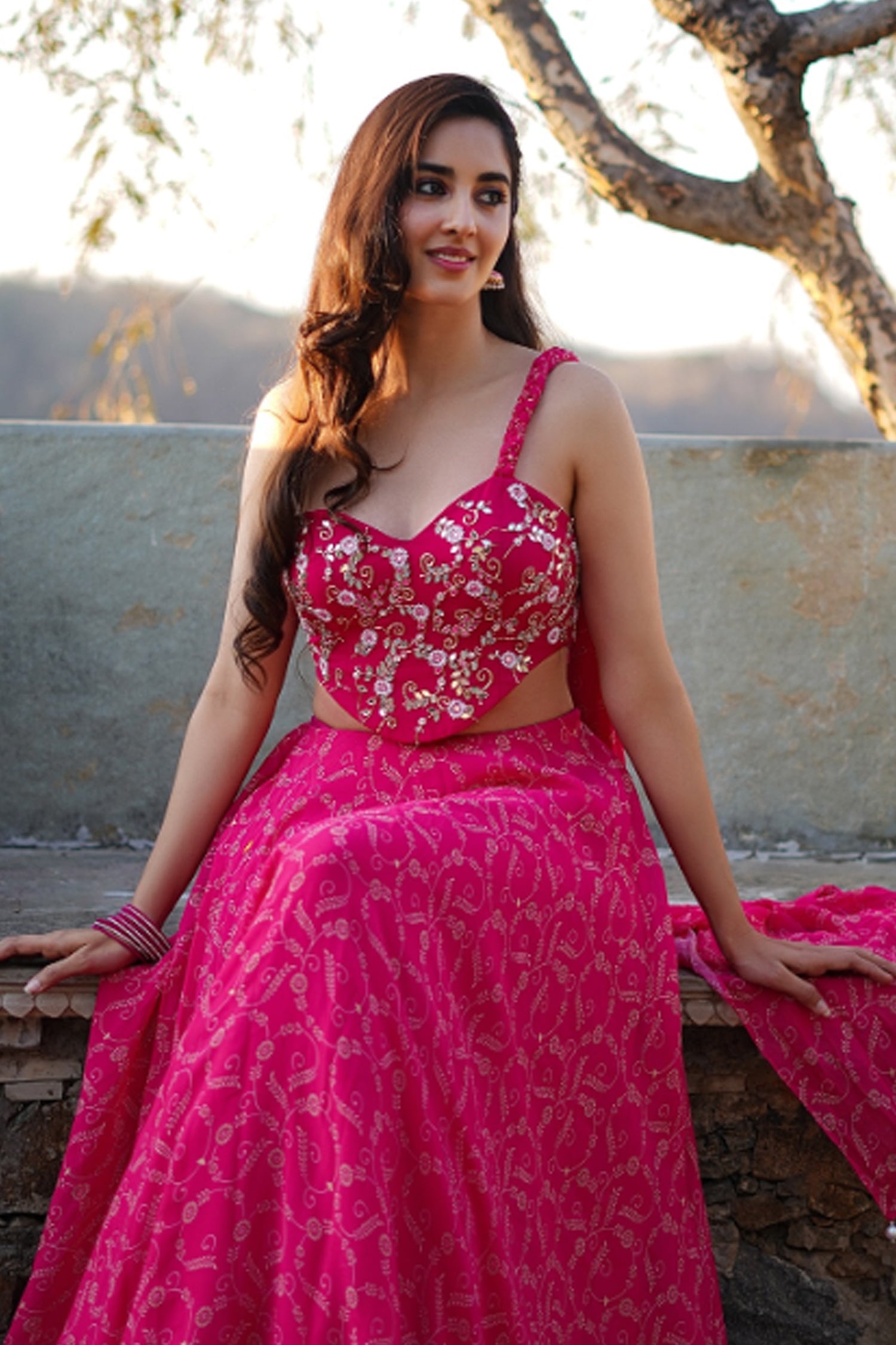 Hot Pink Digital Print Indo Lehenga Set (Set Of 2)