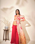 Embroidered Off-White Peplum Crop Top and Flared Pants Fusion Set