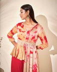 Embroidered Off-White Peplum Crop Top and Flared Pants Fusion Set