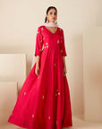 Teal Angrakha Anarkali with Dori Tassels and Banarasee Bandhani Dupatta - Net