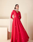 Teal Angrakha Anarkali with Dori Tassels and Banarasee Bandhani Dupatta - Net