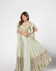 Mint Green Ruffle Drape Skirt Set with Crop Top and Dupatta - Satin