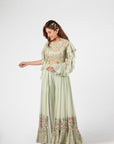Mint Green Ruffle Drape Skirt Set with Crop Top and Dupatta - Satin